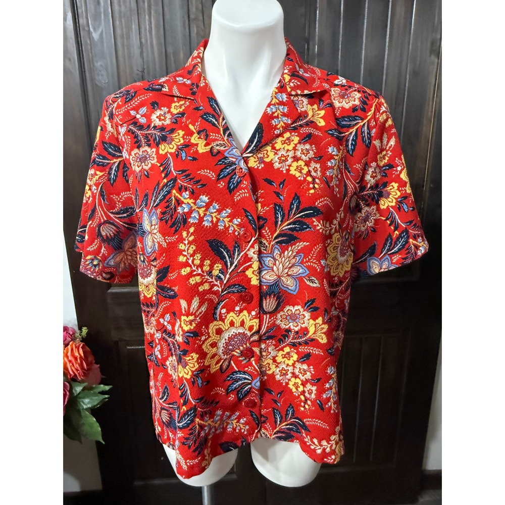 BonWorth Red Floral Paisley Button Up Shirt Womens Petite Small Short Sleeve Top